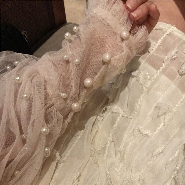 Puff Sleeve High Neck Chiffon Blouse with Pearl Drop Buttons and Detail