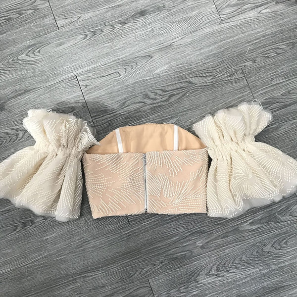 Off Shoulder Embroidery Flare Sleeve Crop Top