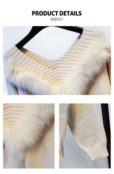 Two Piece Loungewear Pant Set with Fluffy Collar Sweater