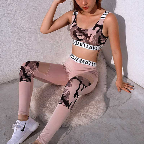 Two Piece Pink Army Print Gym Sports Bra and Yoga Leggings Set