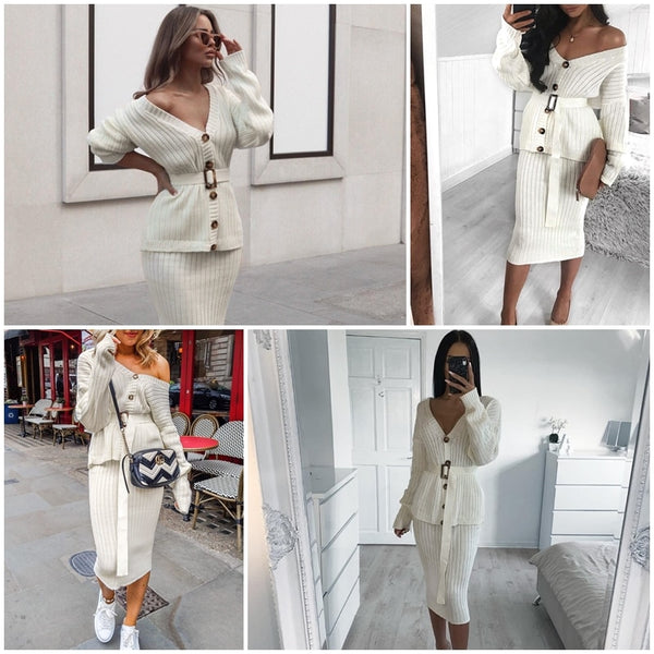 Elegant White Two Piece Knitted Skirt with Belted Button Up Cardigan