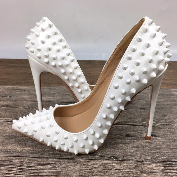 White Spike Pointed Toe High Heels