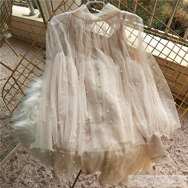 Puff Sleeve High Neck Chiffon Blouse with Pearl Drop Buttons and Detail