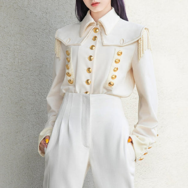 Gold Button and Fringe Decor Lapel Collar Long Sleeve Shirt Blouse
