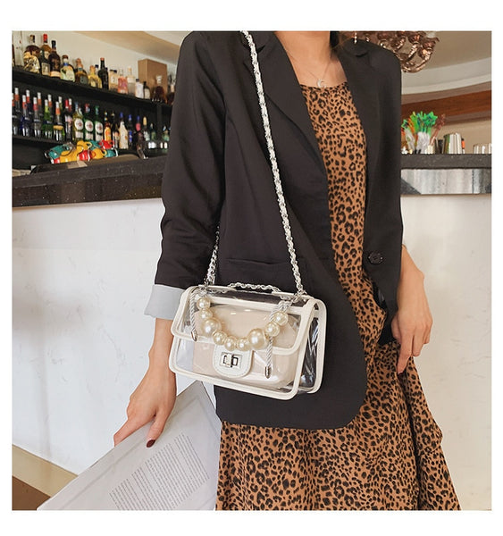 Clear Jelly Flap Handbag With Pearl Straps
