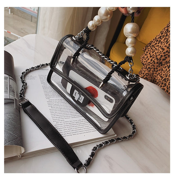 Clear Jelly Flap Handbag With Pearl Straps