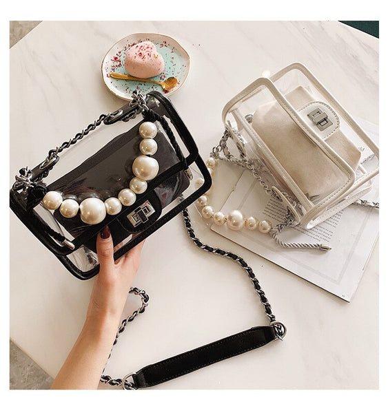 Clear Jelly Flap Handbag With Pearl Straps