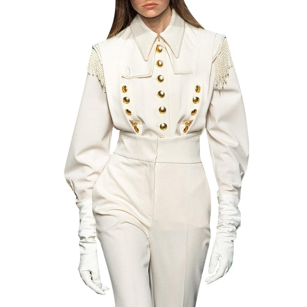 Gold Button and Fringe Decor Lapel Collar Long Sleeve Shirt Blouse