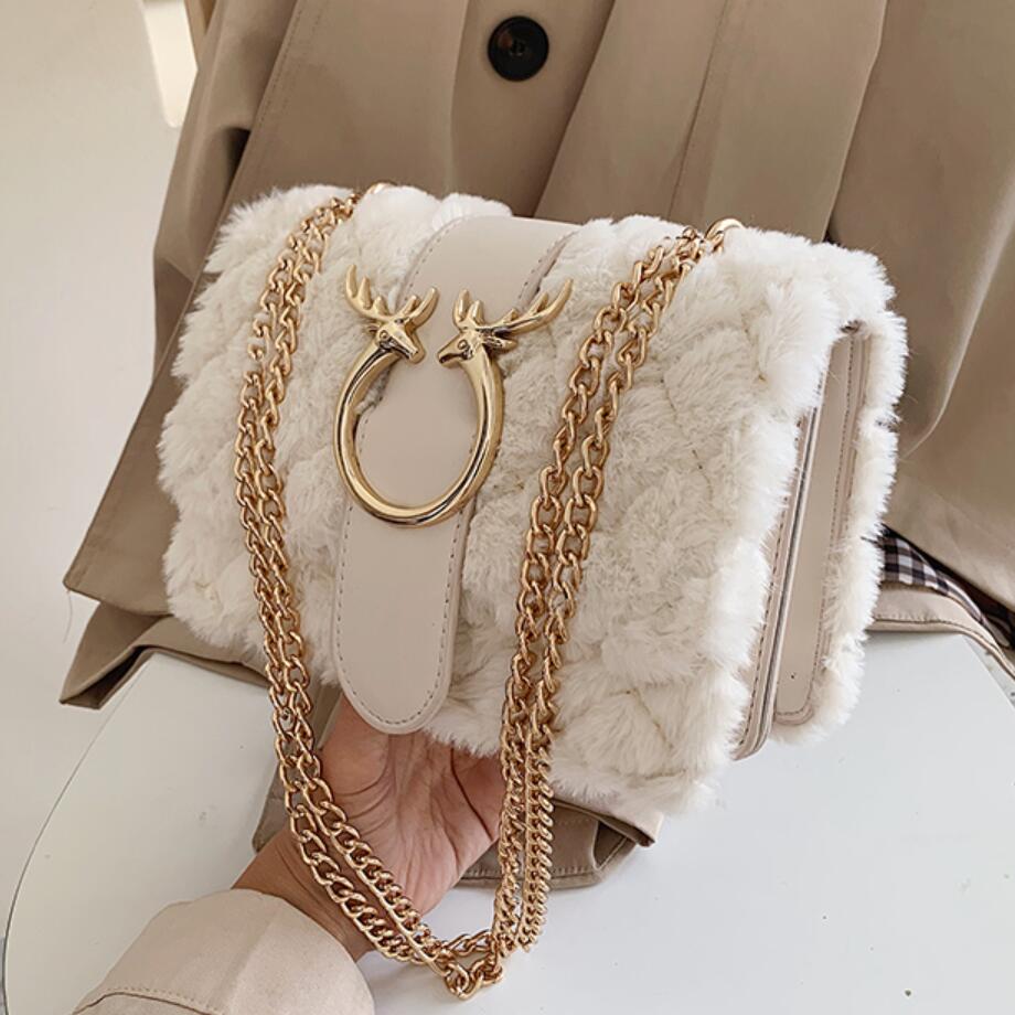 Plaid Soft Plush Messenger Handbag with Gold Chain