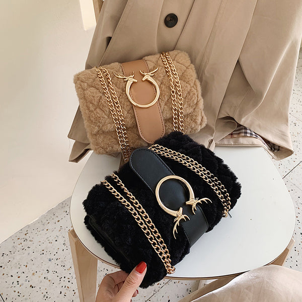 Plaid Soft Plush Messenger Handbag with Gold Chain