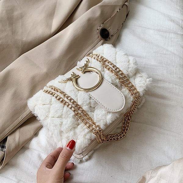 Plaid Soft Plush Messenger Handbag with Gold Chain