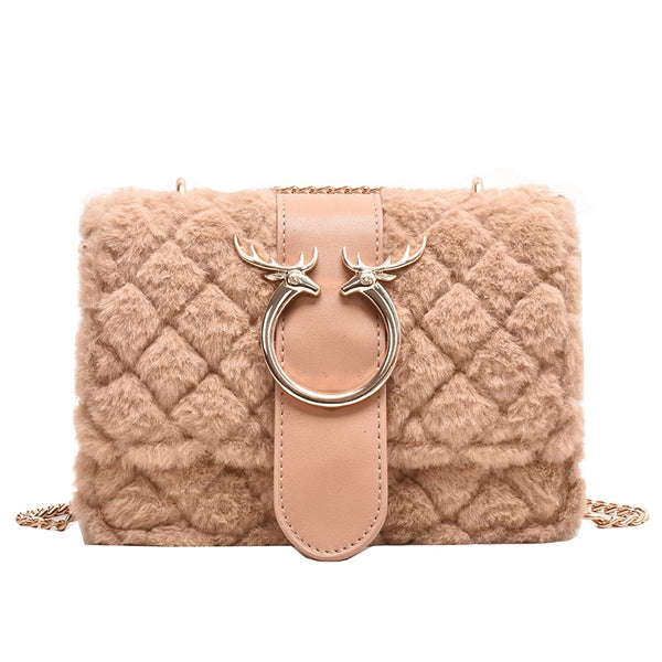 Plaid Soft Plush Messenger Handbag with Gold Chain