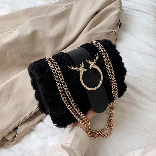 Plaid Soft Plush Messenger Handbag with Gold Chain