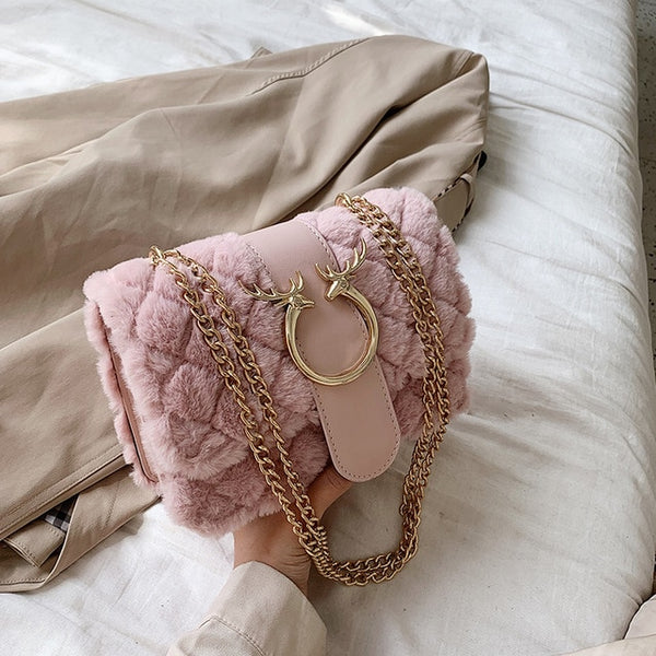 Plaid Soft Plush Messenger Handbag with Gold Chain