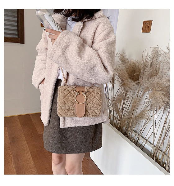 Plaid Soft Plush Messenger Handbag with Gold Chain