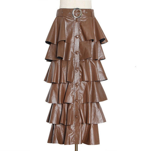 Vegan Leather Long Ruffle Skirt