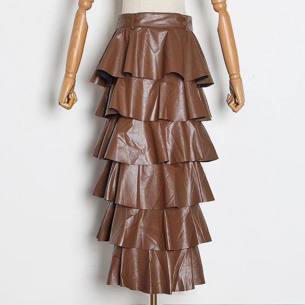 Vegan Leather Long Ruffle Skirt