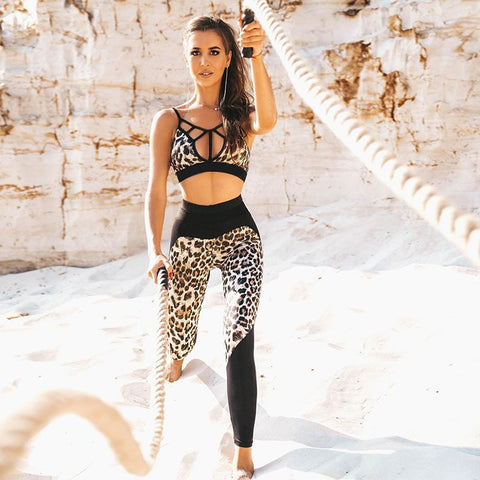 Two Piece Leopard Print Yoga Pant Leggings and Sports Bra Set