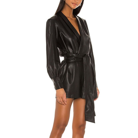 Vegan Leather Bow Tie Waist Playsuit