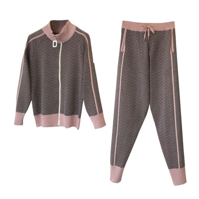 Two Piece Knitted Stripped Zip Jumper Pants Set