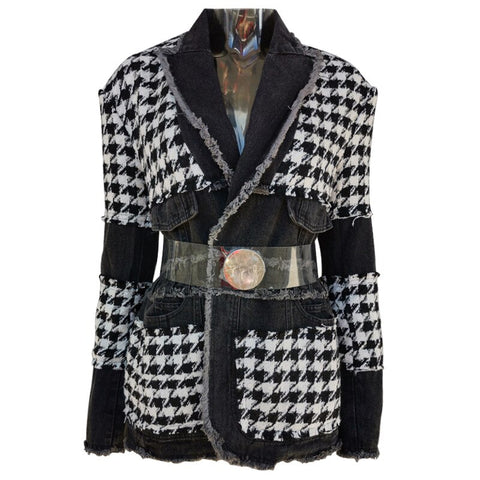 Stylish Denim Tweed Houndstooth Jacket Coat With Belt