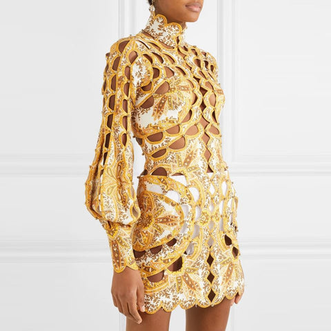High Neck Gold Cut Out Mini Dress