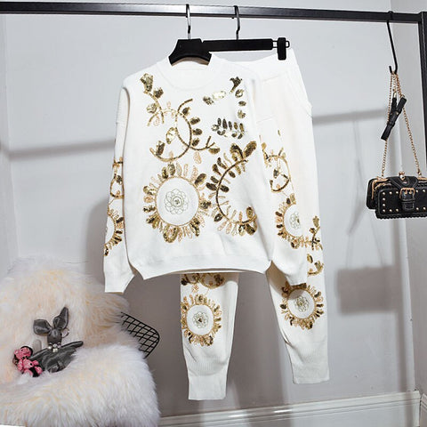 Two Piece Loungwear Set With Gold Flower Sequin Detail