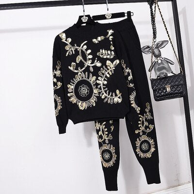 Two Piece Loungwear Set With Gold Flower Sequin Detail