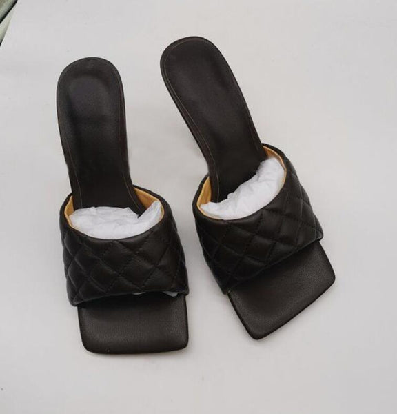 Square Toe Genuine Leather High Heel Mules