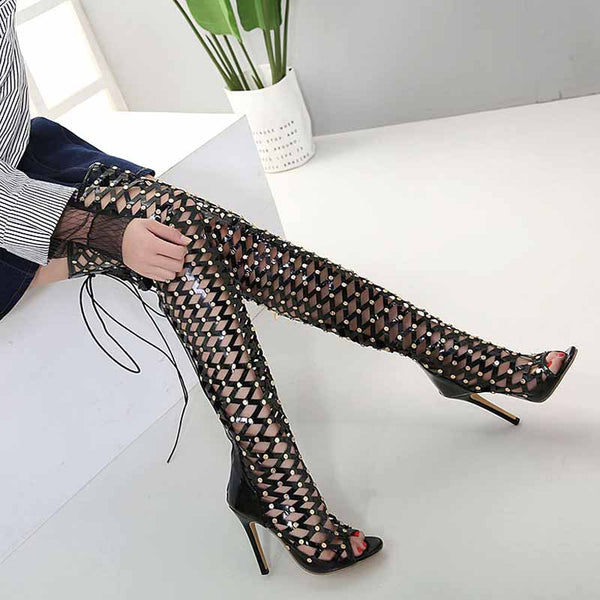 Hollow Over the Knee Thigh High Boots with Rivet Lace Up detail