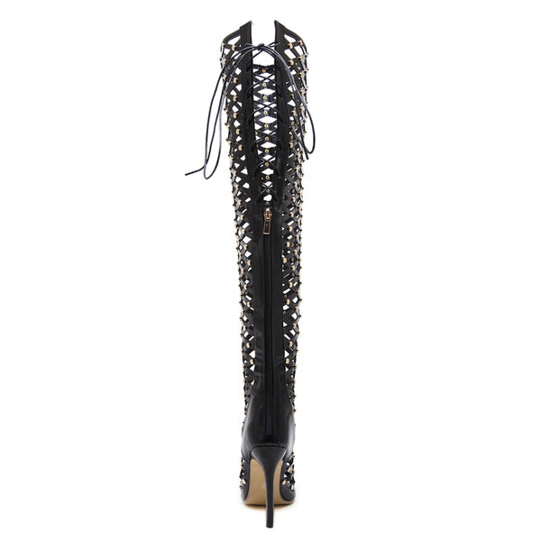 Hollow Over the Knee Thigh High Boots with Rivet Lace Up detail