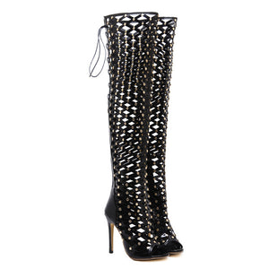 Hollow Over the Knee Thigh High Boots with Rivet Lace Up detail