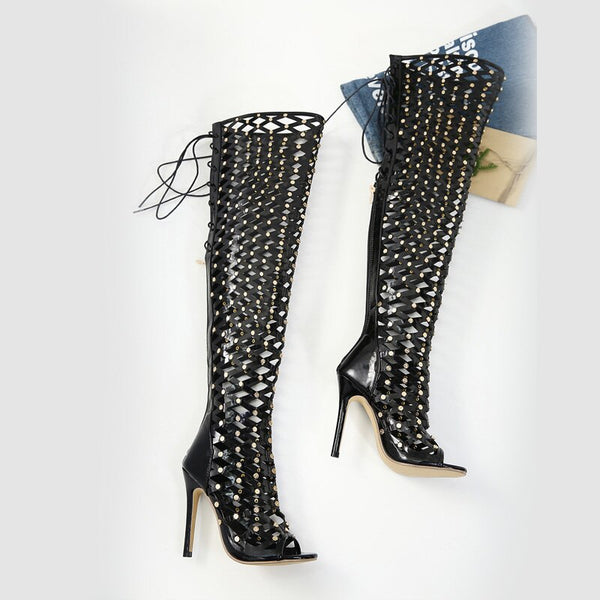 Hollow Over the Knee Thigh High Boots with Rivet Lace Up detail