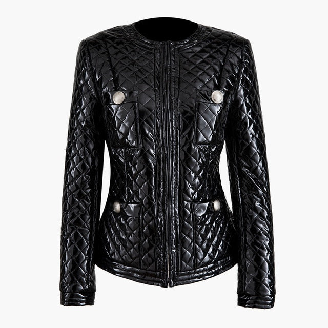 Shiny Vegan Leather Stitched Wet Look Jacket