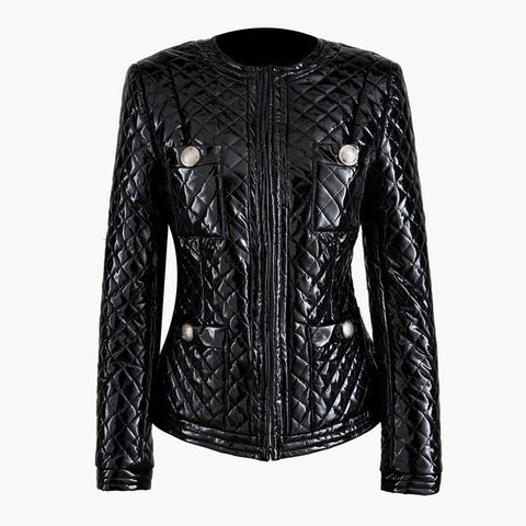 Shiny Vegan Leather Stitched Wet Look Jacket