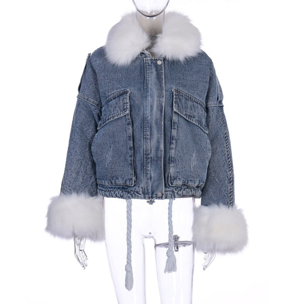 Denim Jacket with Fluffy Fur Collar and Cuffs