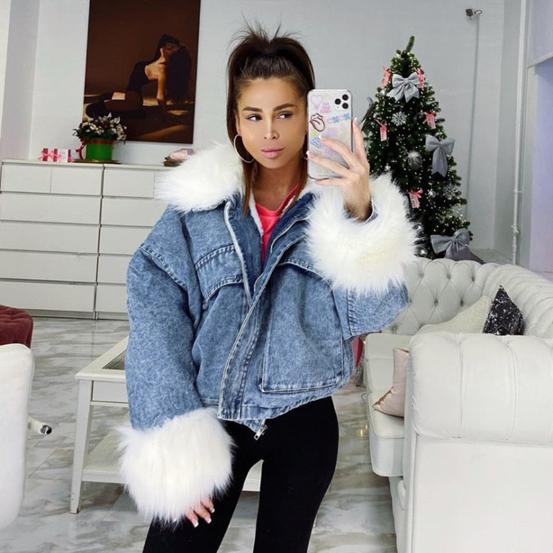 Warm Jean Jacket Big Faux Fur Collar Denim Jacket Women Winter Hooded  Student Ba | Fruugo BH