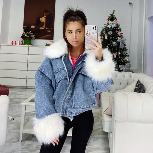 Denim Jacket with Fluffy Fur Collar and Cuffs