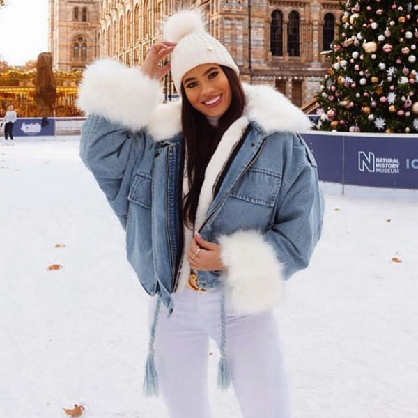 Denim Jacket with Fluffy Fur Collar and Cuffs