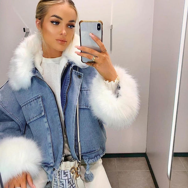 Denim Jacket with Fluffy Fur Collar and Cuffs