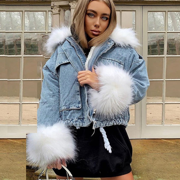 Denim Jacket with Fluffy Fur Collar and Cuffs