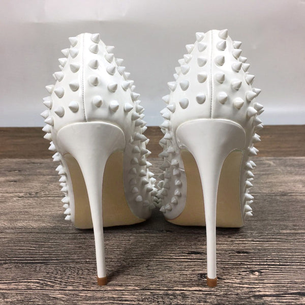 White Spike Pointed Toe High Heels