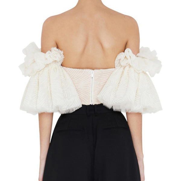Off Shoulder Embroidery Flare Sleeve Crop Top