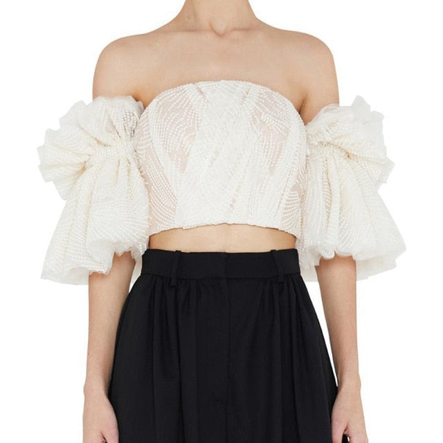 Off Shoulder Embroidery Flare Sleeve Crop Top