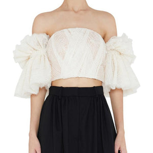 Off Shoulder Embroidery Flare Sleeve Crop Top
