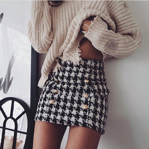 Tweed Wool Houndstooth Mini Skirt