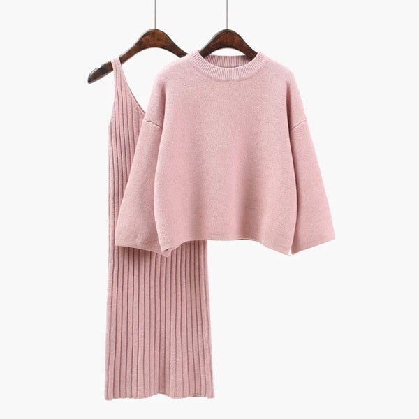 Two Piece Ribbed Knit Dress and Long Sleeve Sweater Set Green / One Size