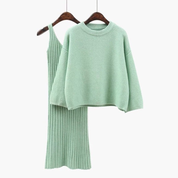 Two Piece Ribbed Knit Dress and Long Sleeve Sweater Set Green / One Size