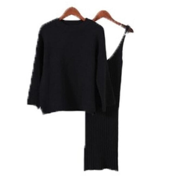Two Piece Ribbed Knit Dress and Long Sleeve Sweater Set