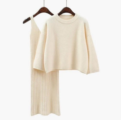 Two Piece Ribbed Knit Dress and Long Sleeve Sweater Set